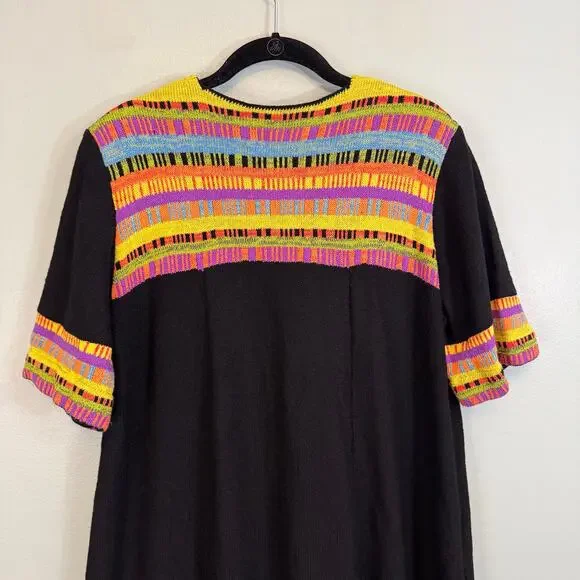Vintage Steve 80s Fabrikant Wool Sweater Dress Large Black Colorful Retro Unique - Picture 6 of 9
